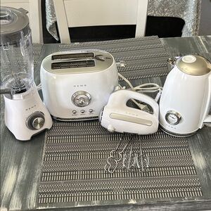 White and Silver Tone Retro Kitchen Appliance 4 piece set